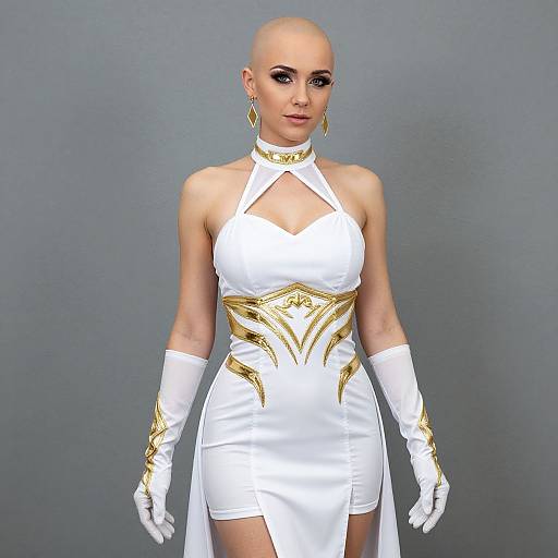 Bald Woman in White and Gold Elegant Dress with Gloves and Cape