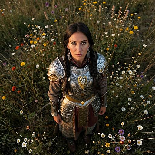 Woman in Detailed Medieval Armor Standing in Wildflower Field