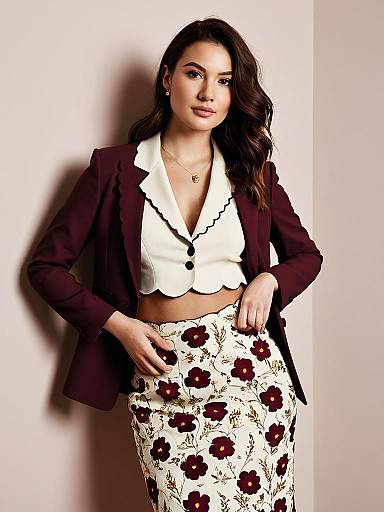 Stylish Woman in Maroon Blazer and Floral Skirt Fashion Portrait