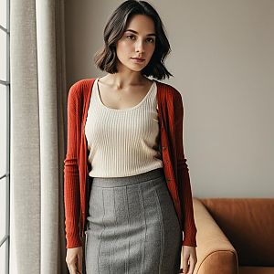 Stylish Woman in Ribbed Tank Top and Cardigan Indoor Portrait