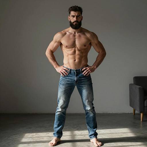 Muscular Bearded Man Shirtless in Blue Jeans Standing Barefoot