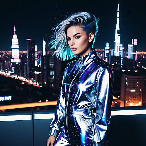 Futuristic Woman in Galaxy-Inspired Bodysuit Against Neon Cityscape