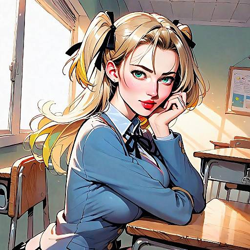 Anime Style Blonde Woman in School Uniform Sitting in Classroom