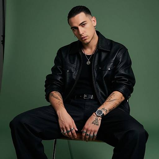 Stylish Young Man in Black Leather Jacket with Tattoos Sitting Against Green Background