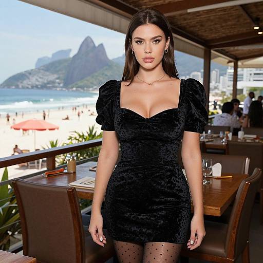 Woman in Elegant Black Velvet Dress at Beachside Restaurant