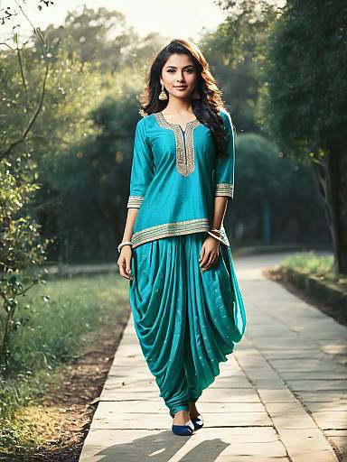 Woman in Turquoise Dhoti Suit Salwar Photorealistic Outdoor Portrait