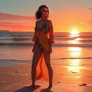 Confident Woman on Beach at Sunset