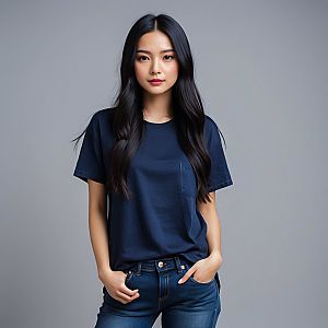 Confident Young Woman in Navy Blue T-Shirt