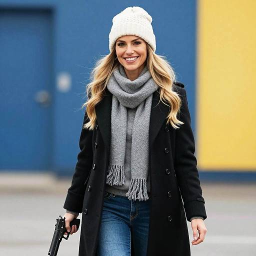 Woman in Winter Outfit Holding Handgun Outdoors