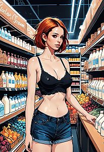 Red-Haired Woman Shopping in Modern Grocery Store Comic Art