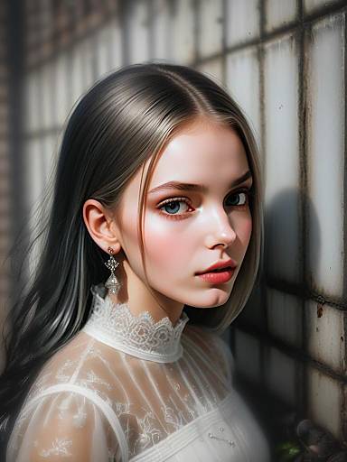 Elegant Young Woman in White Lace Dress by Window Light