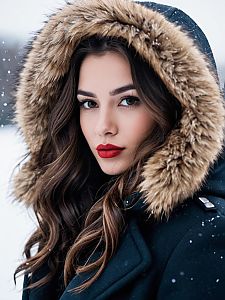 Portrait of Woman in Winter Coat with Fur Hood in Snow