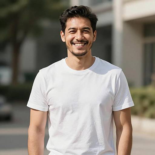 Smiling Young Man Wearing White T-Shirt Outdoors