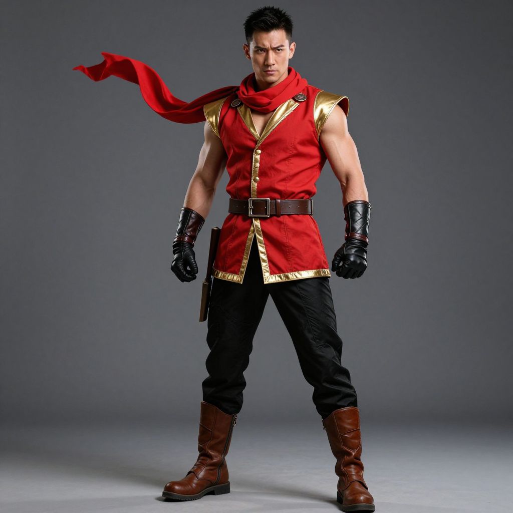 Fantasy Warrior Man in Red Tunic Costume with Scarf
