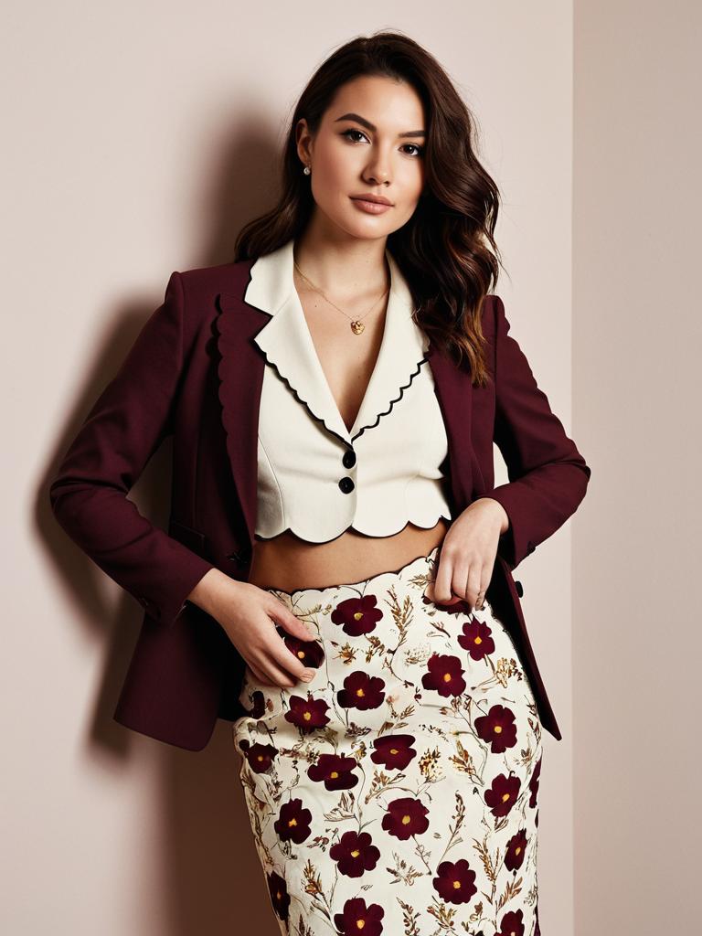 Stylish Woman in Maroon Blazer and Floral Skirt Fashion Portrait