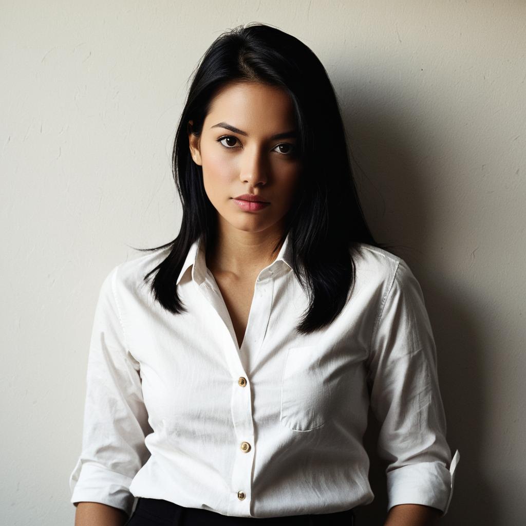Confident Woman in White Shirt Against Neutral Background