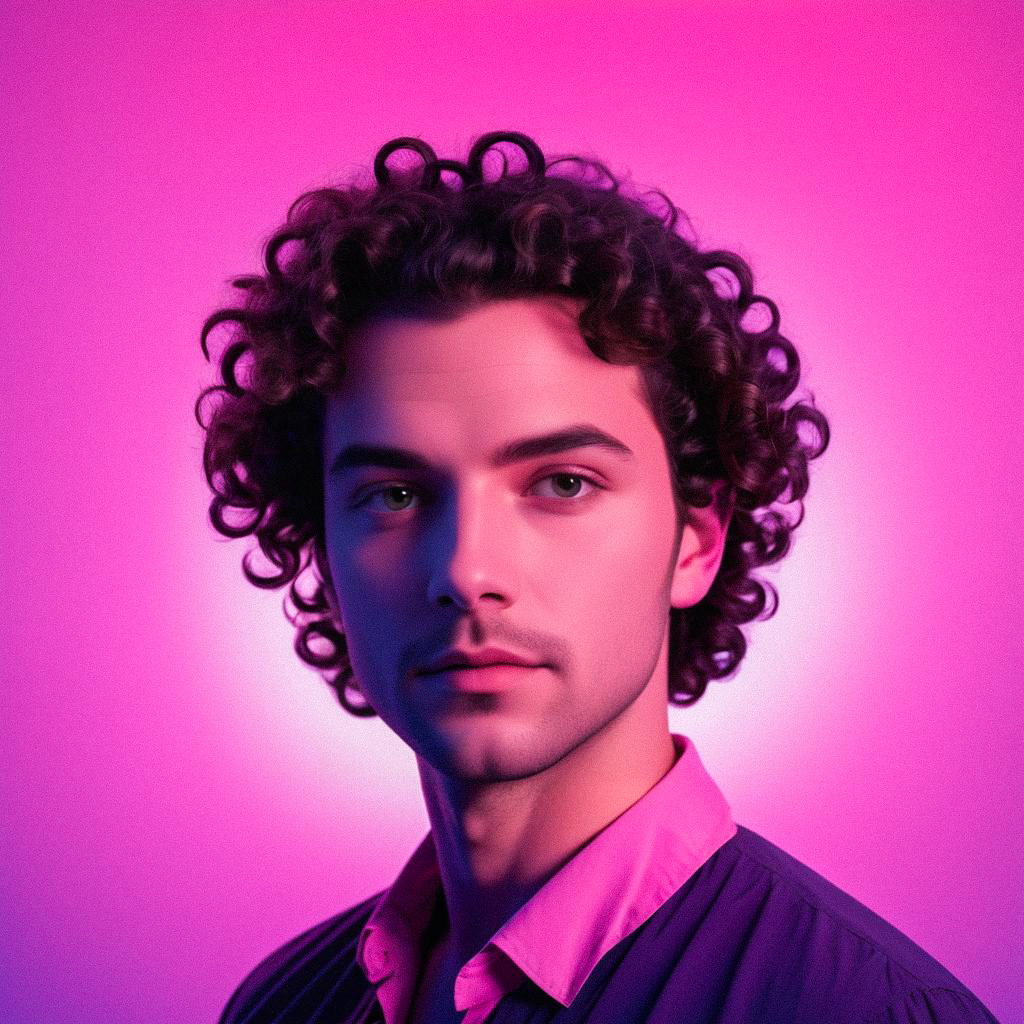 Young Man Portrait with Curly Hair on Purple Background