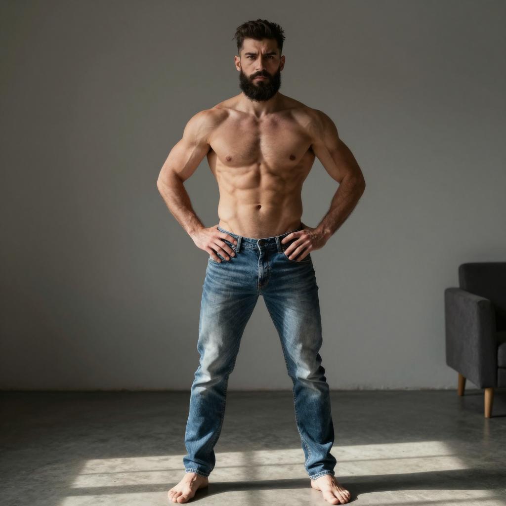 Muscular Bearded Man Shirtless in Blue Jeans Standing Barefoot