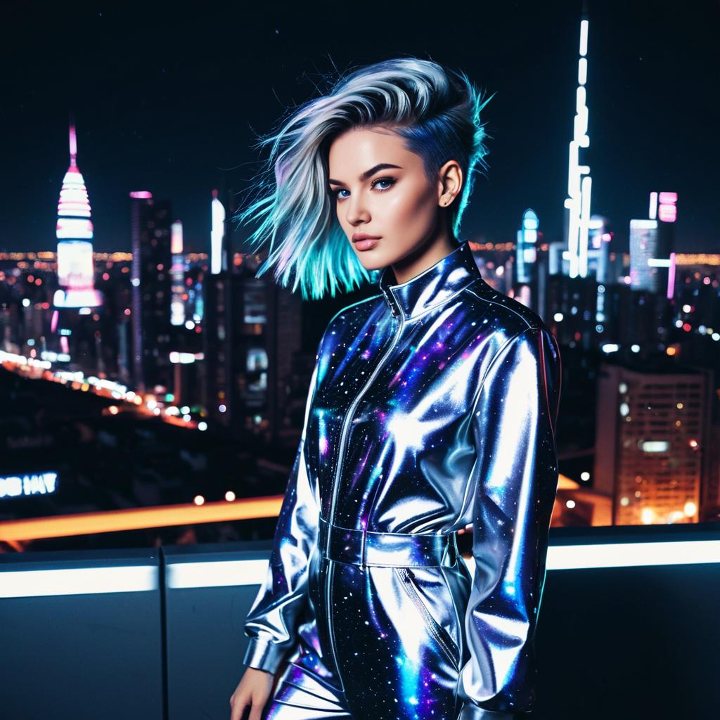 Futuristic Woman in Galaxy-Inspired Bodysuit Against Neon Cityscape