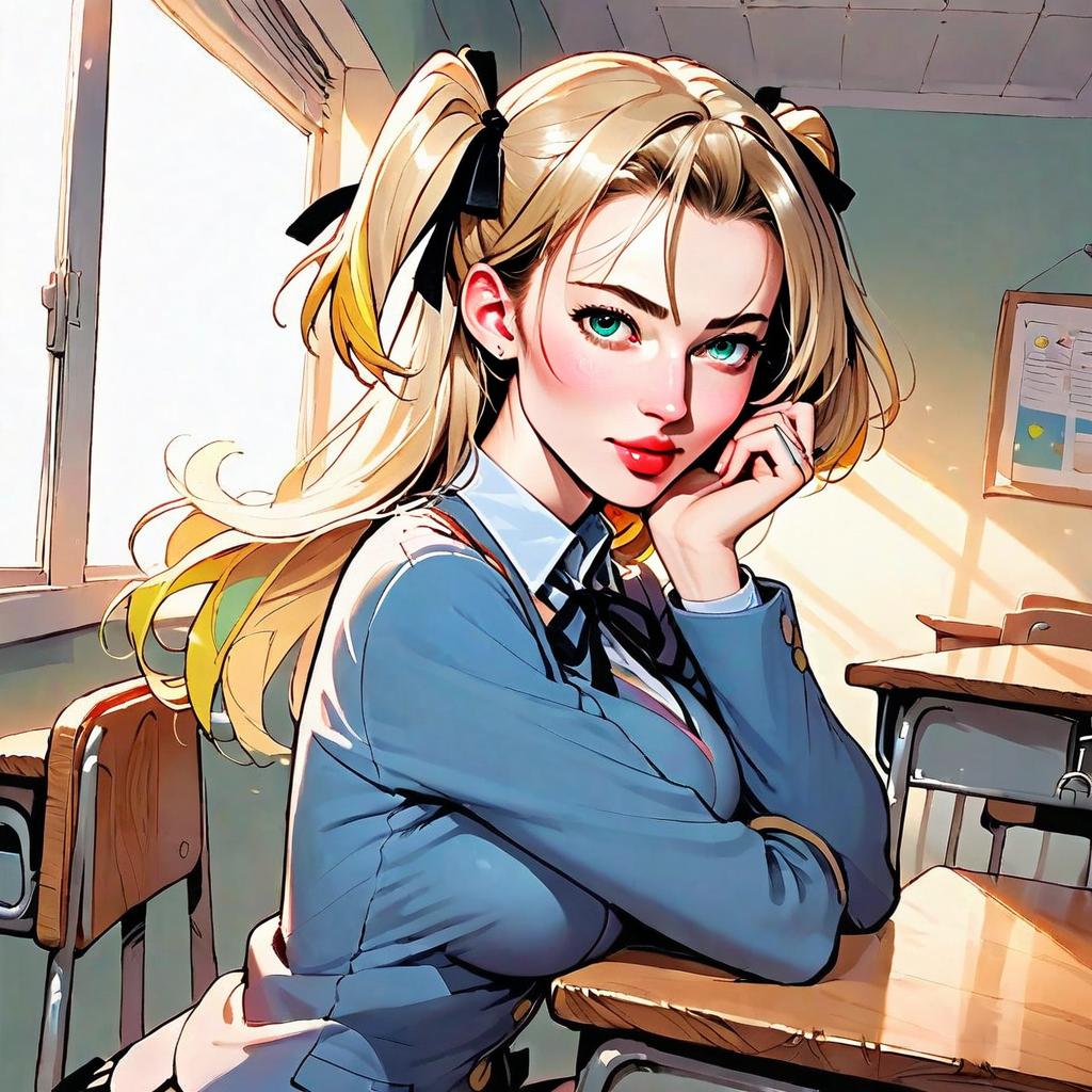 Anime Style Blonde Woman in School Uniform Sitting in Classroom