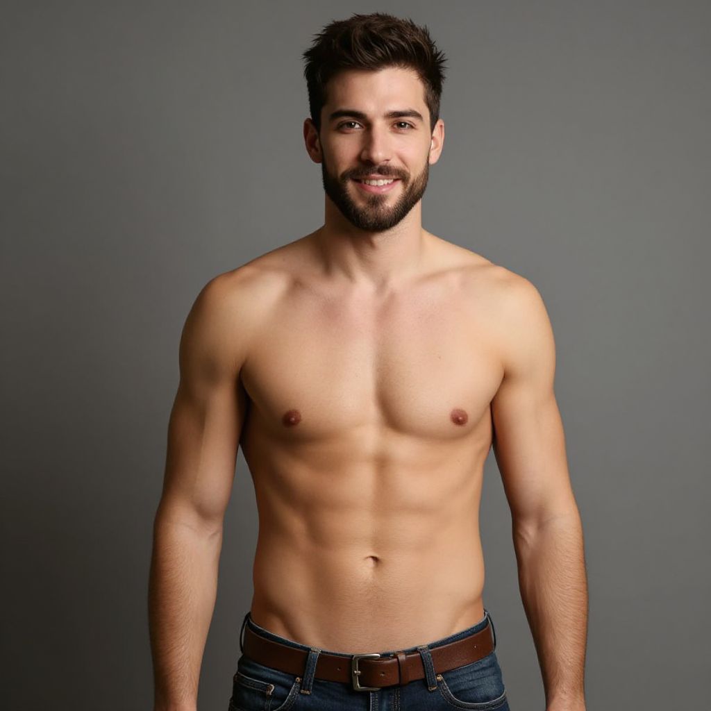 Shirtless Fit Man with Beard in Jeans Studio Portrait
