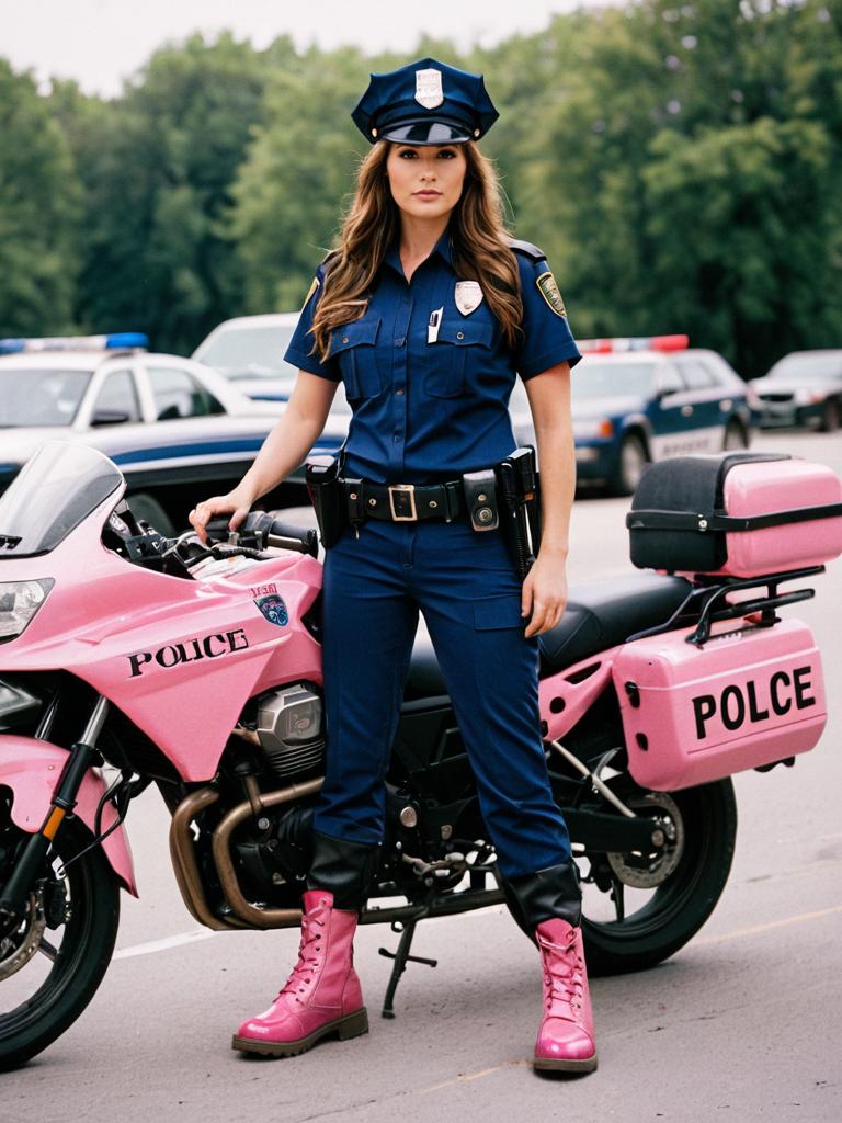 Woman Police Officer in Navy Uniform with Pink Police Motorcycle and Boots