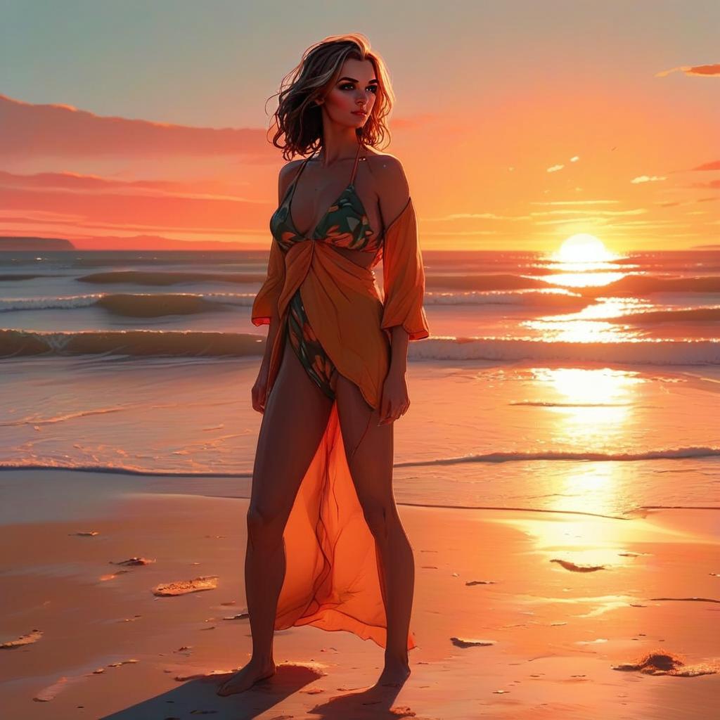 Confident Woman on Beach at Sunset Confident Woman on Beach at Sunset