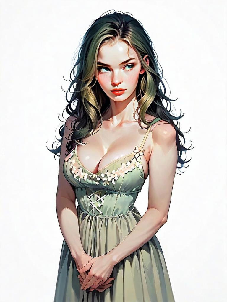 Realistic Comic Style Digital Art of Woman in Floral Green Dress