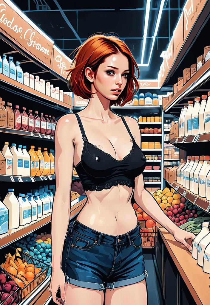 Red-Haired Woman Shopping in Modern Grocery Store Comic Art