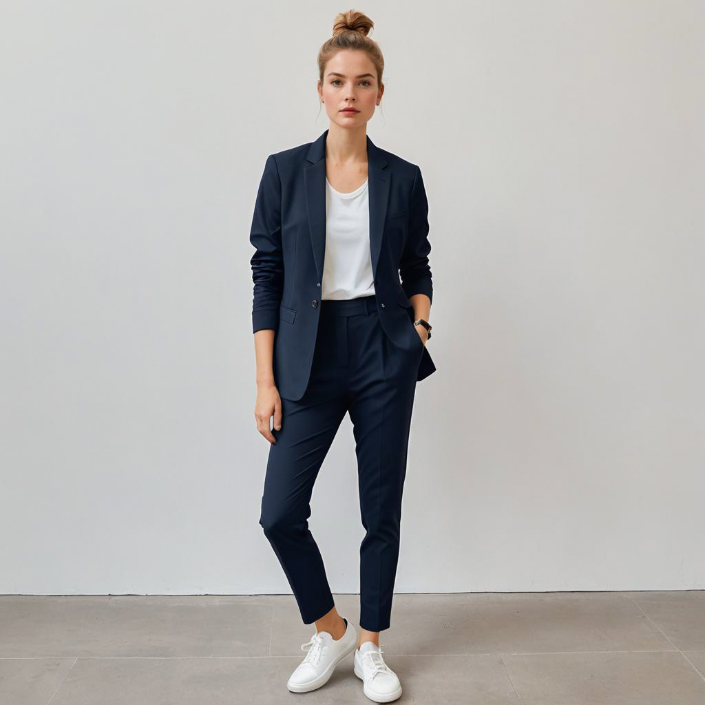 Confident Woman in Navy Suit with Sneakers