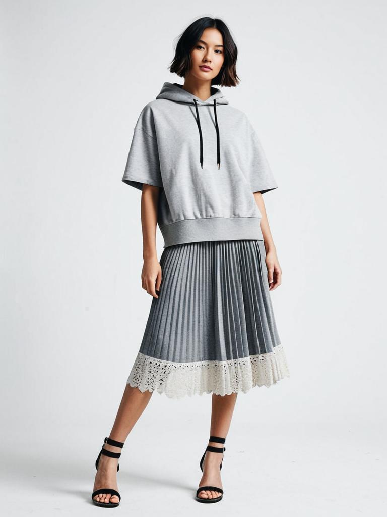 Fashionable Woman in Grey Hoodie and Pleated Skirt with Lace Trim