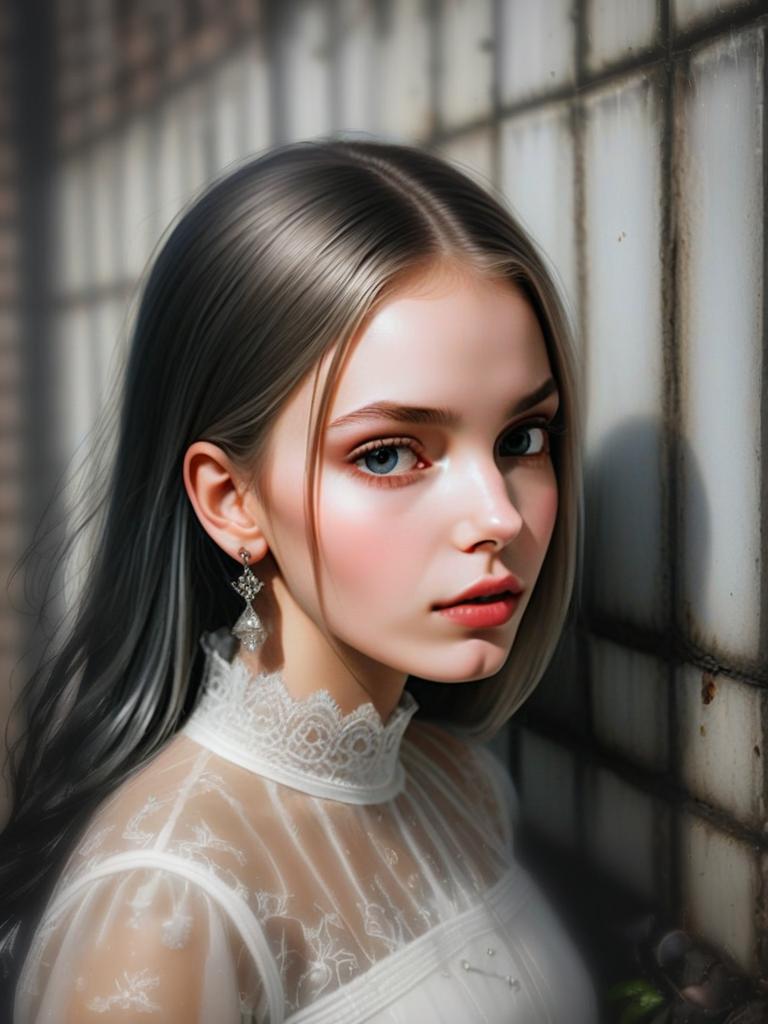 Elegant Young Woman in White Lace Dress by Window Light