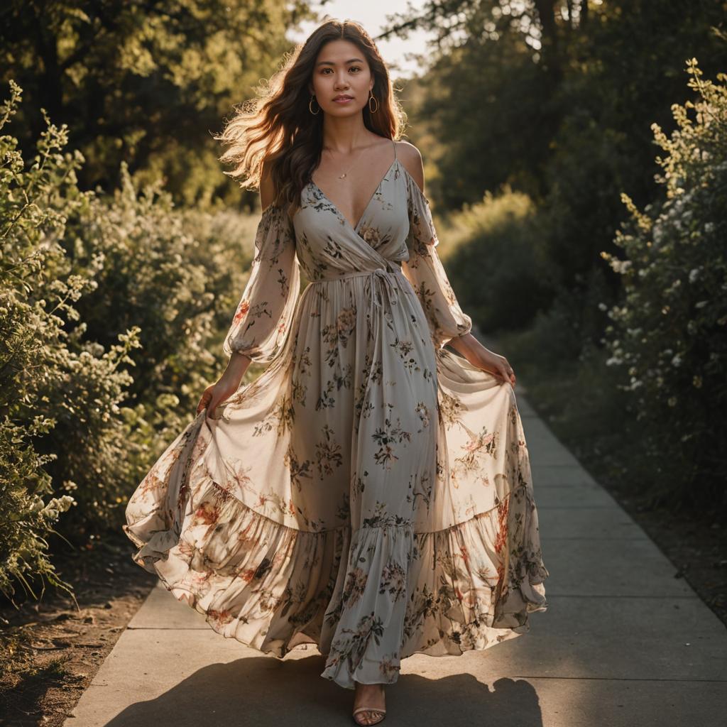 Elegant Woman in Floral Dress on Sunlit Pathway