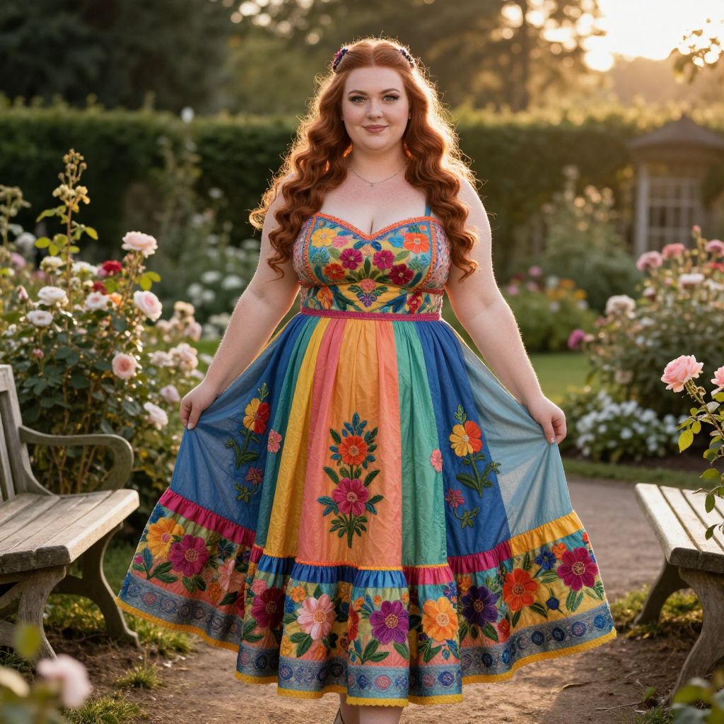 Woman Wearing Colorful Floral Embroidered Dress in Garden at Sunset