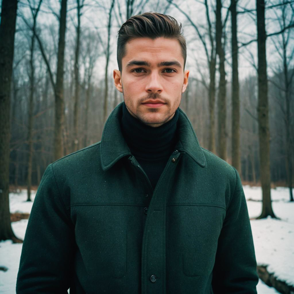 Confident Young Man in Snowy Forest