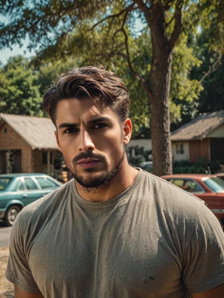 Man in front of houses with trees and cars