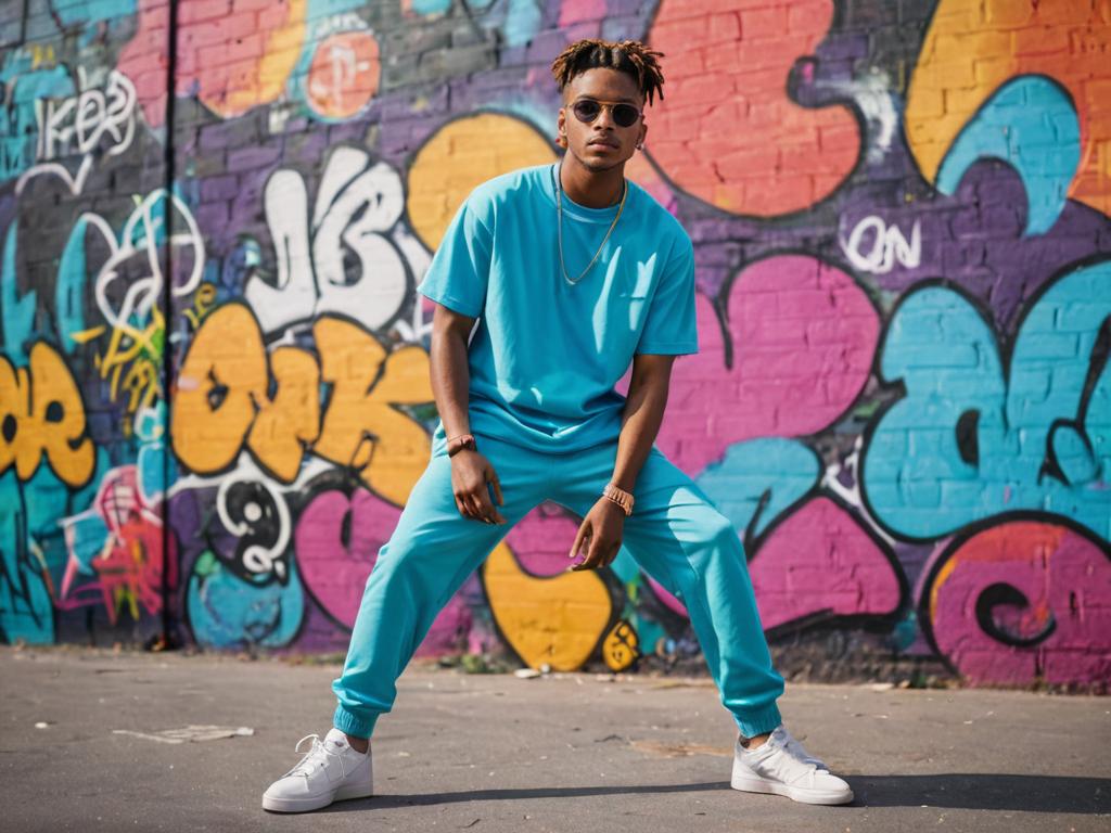 Stylish man in turquoise tracksuit by graffiti wall