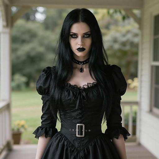 Gothic Victorian Style Woman with Dark Makeup on Porch