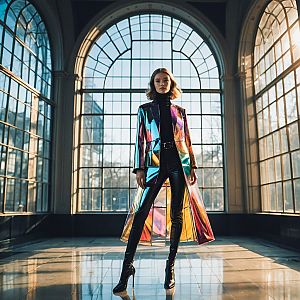 Confident Woman in Iridescent Coat in Grand Hall