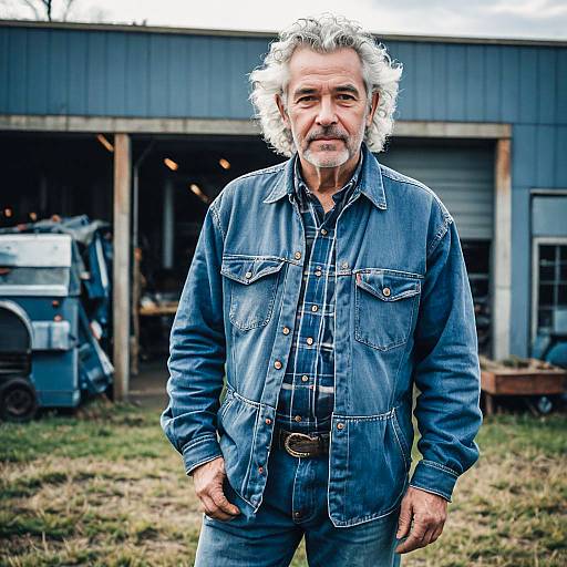 Mature Man in Denim Jacket Standing Outdoors by Industrial Building