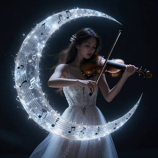 Elegant Woman Playing Violin with Glowing Musical Moon Fantasy
