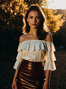 Young Woman in Stylish Off-Shoulder Top and Leather Skirt in Golden Hour Light
