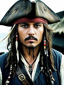 Jack Sparrow Pirate Costume Portrait with Tricorn Hat and Beaded Dreadlocks