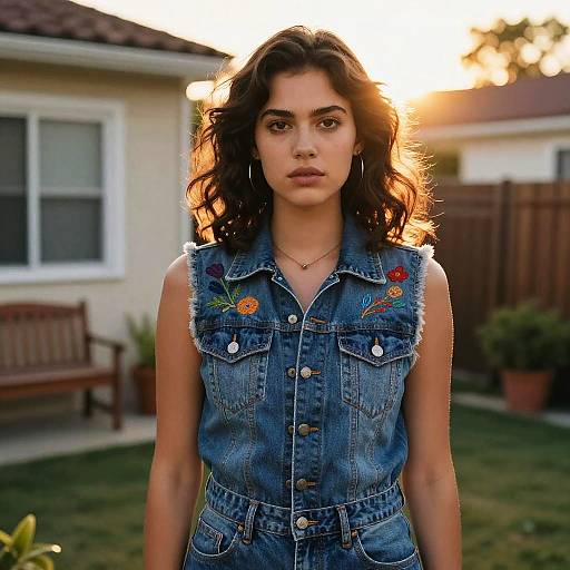 Gen Z Woman in Embroidered Denim Vest Outdoors at Sunset