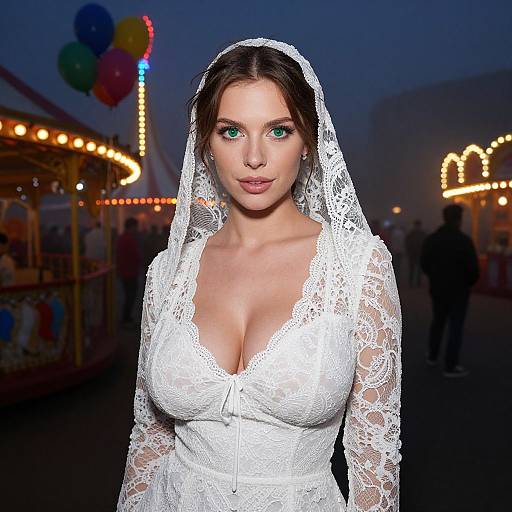 Woman in White Lace Dress at Nighttime Carnival with Carousel and Balloons