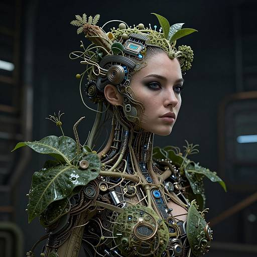 Futuristic Cybernetic Woman with Biomechanical and Botanical Elements