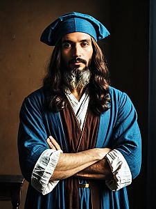 Man Cosplay Wearing Leonardo da Vinci Caster Costume Realistic Photo
