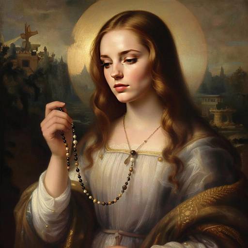 Renaissance Style Portrait of Woman Holding Beaded Necklace