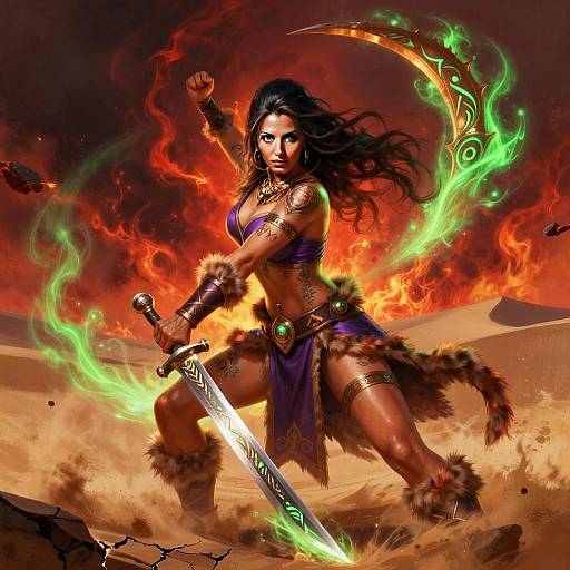 Fierce Warrior Woman Fantasy Art with Glowing Sword in Desert