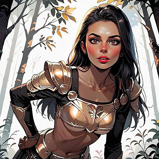 Digital Illustration of Woman Warrior in Golden Armor in Autumn Forest